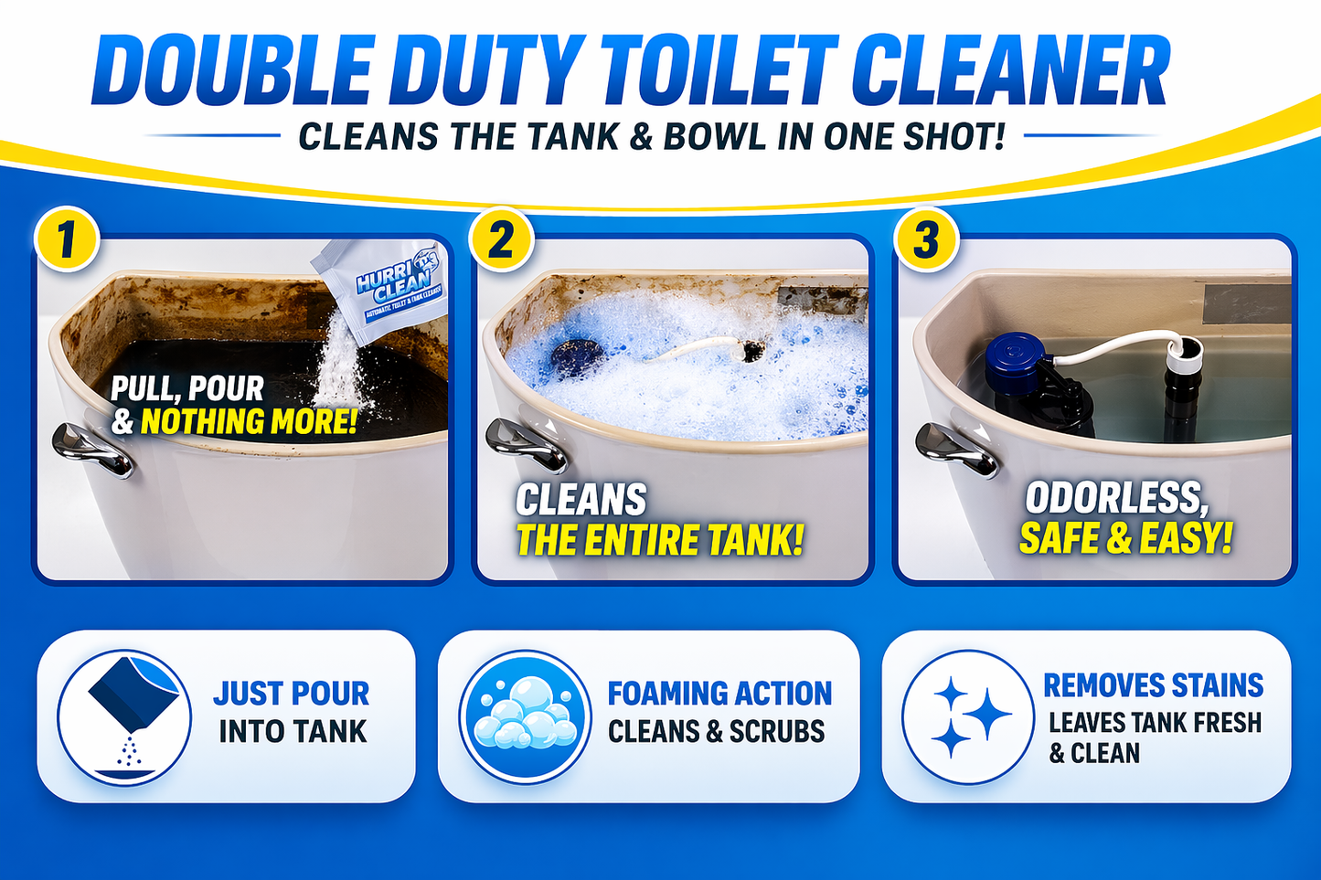 Hurri Clean Automatic Toilet and Tank Cleaner Stain Remover Scrub Cross Fast Powder - HURRICL