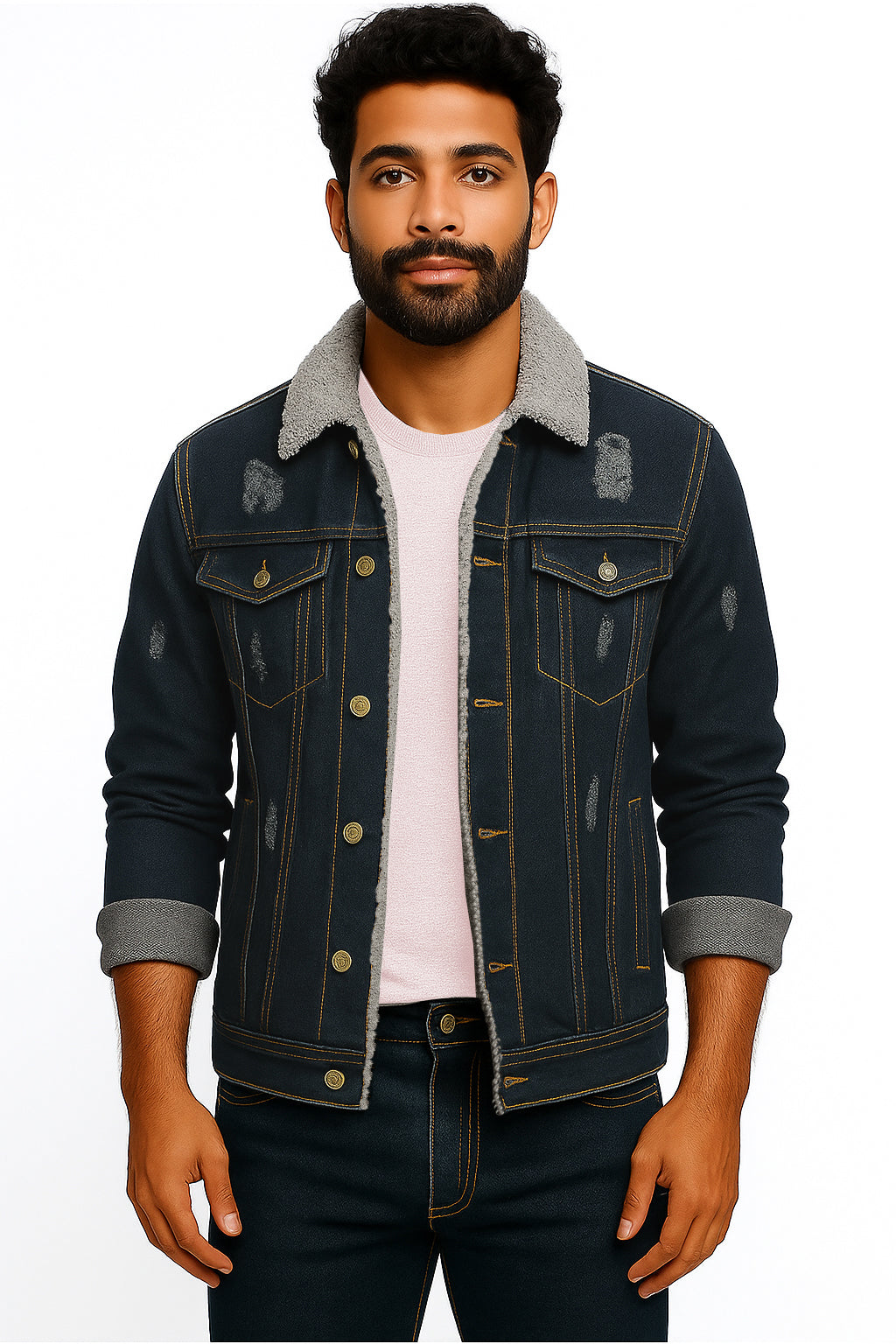 Men Regular Fit Washed Full Sleeve Toned Denim Jacket - JK-470-FUR