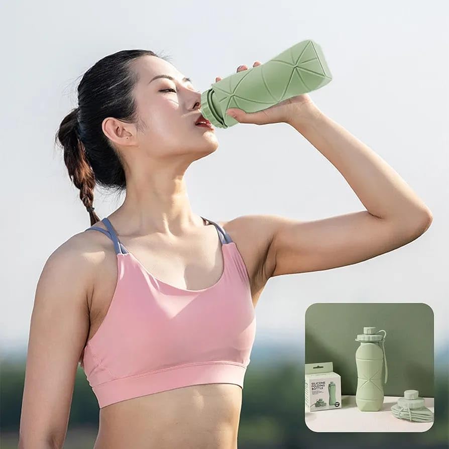 600ML Silicone Collapsible Water Bottle – Leakproof Folding Travel Bottle, BPA-Free Food Grade, Lightweight & Reusable for Gym, Office, School & Outdoor (Green)