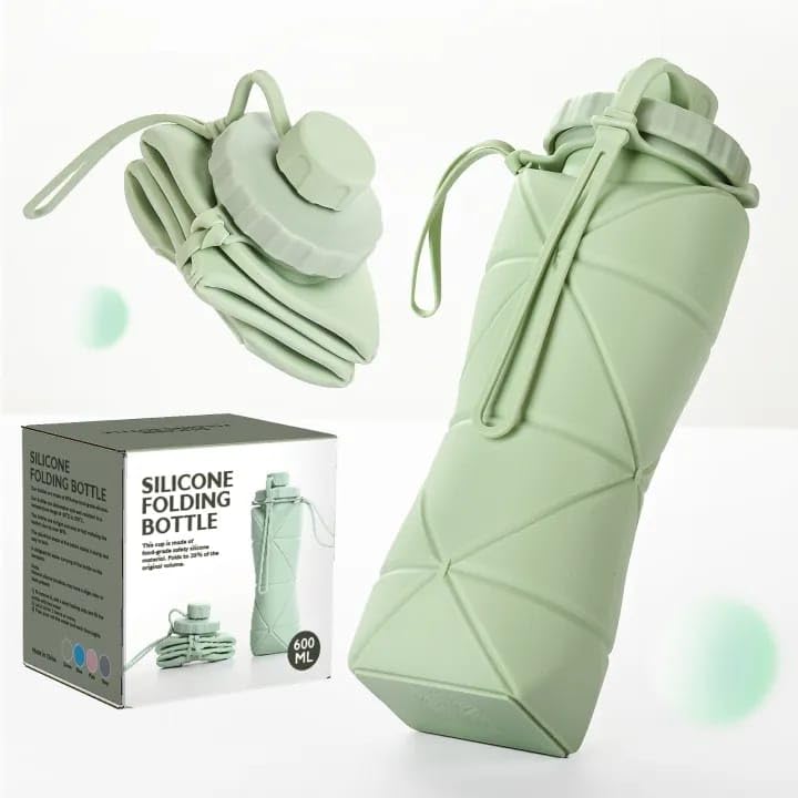 600ML Silicone Collapsible Water Bottle – Leakproof Folding Travel Bottle, BPA-Free Food Grade, Lightweight & Reusable for Gym, Office, School & Outdoor (Green)