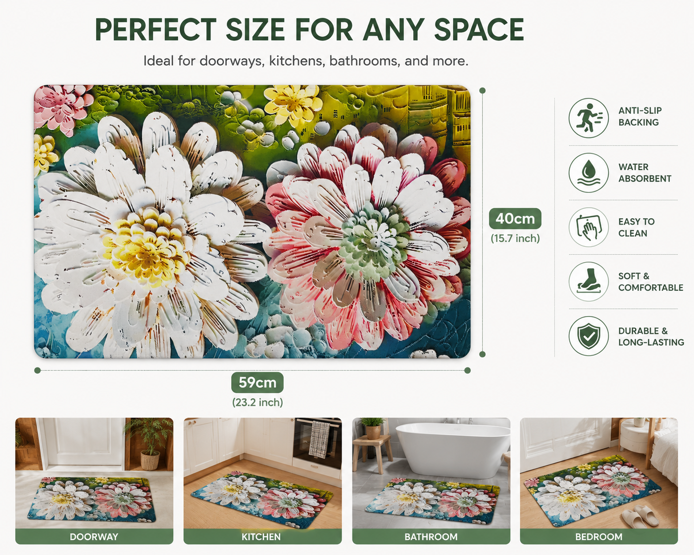 Floral Doormat, Colourful Daisy Print, Decorative Entrance Mat, Botanical Garden Theme