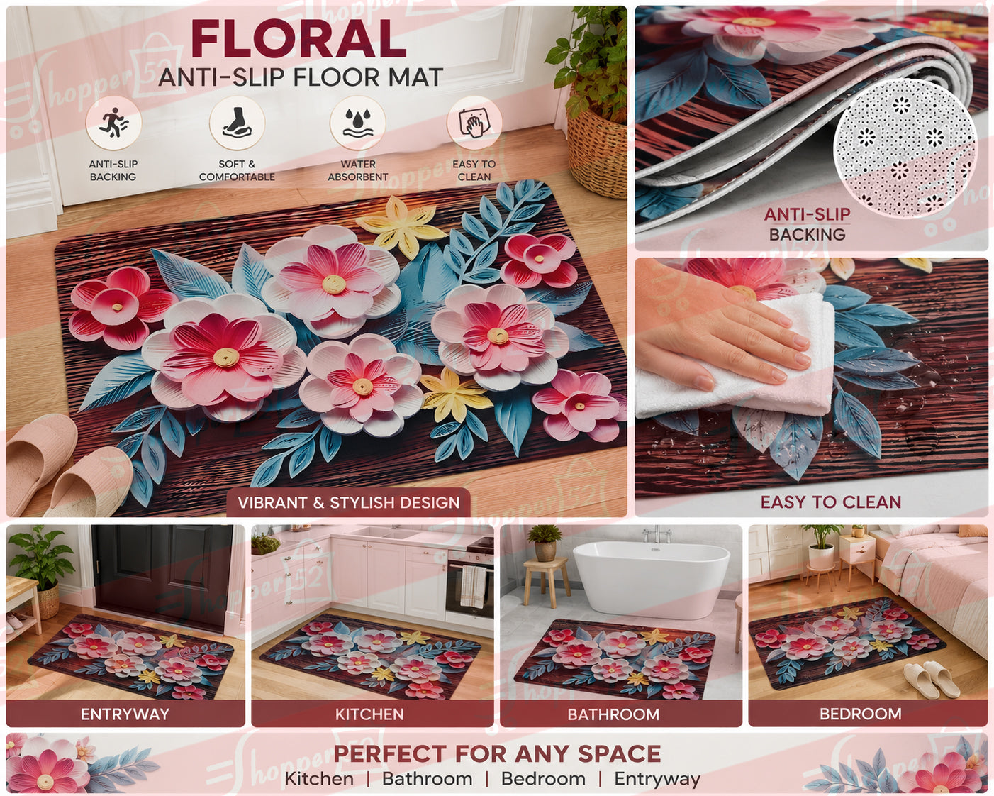 Floral Doormat, Colourful Daisy Print, Decorative Entrance Mat, Botanical Garden Theme