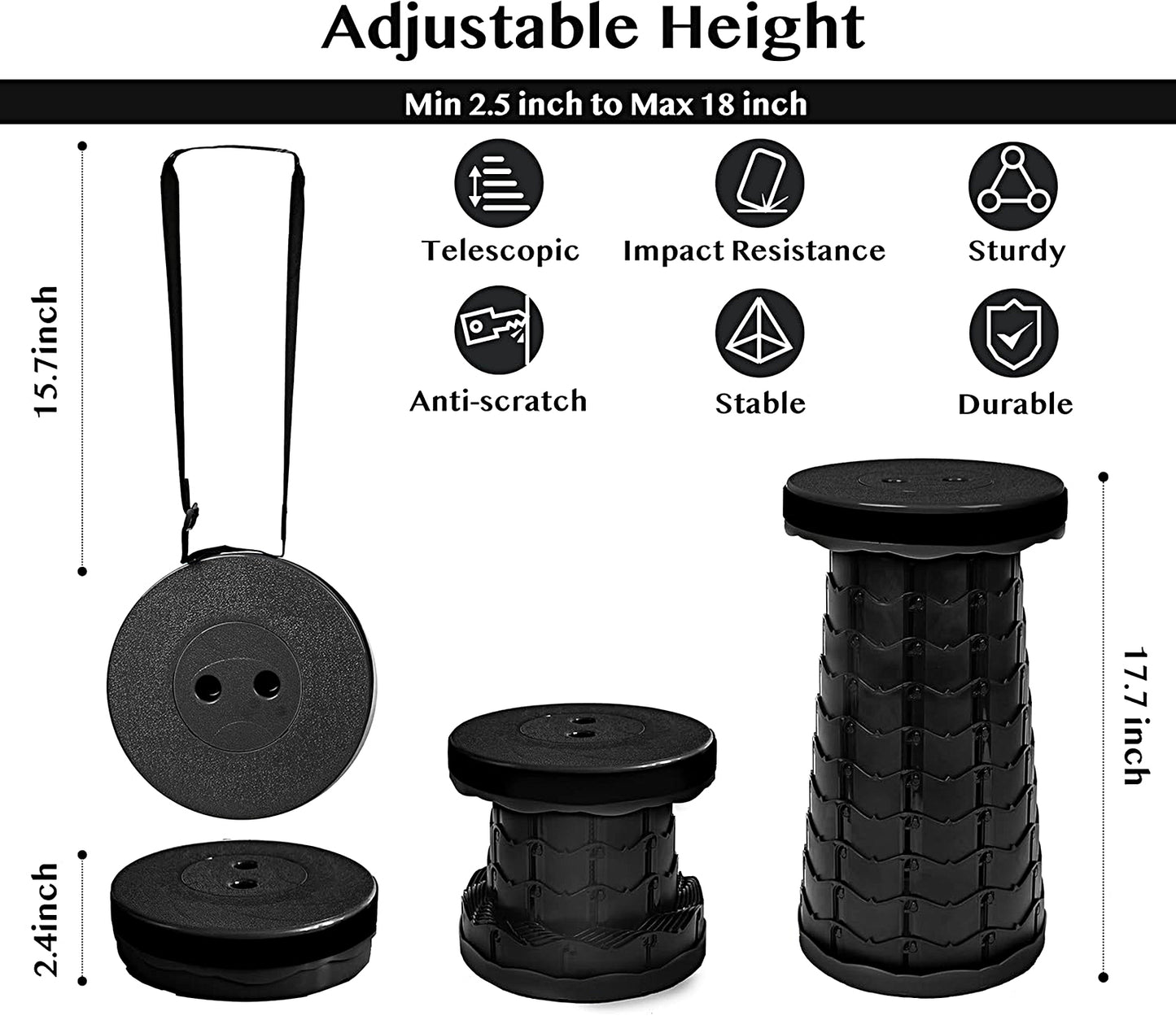 Heavy Duty Collapsible Telescoping Stool with Load Capacity 400lbs, Folding Chair for Camping Fishing Hiking BBQ - FOLD-CHAIR