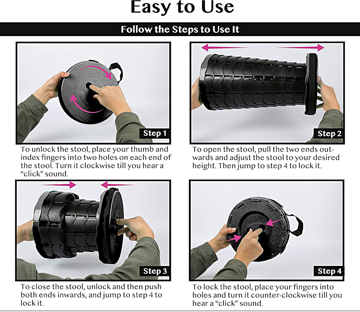 Heavy Duty Collapsible Telescoping Stool with Load Capacity 400lbs, Folding Chair for Camping Fishing Hiking BBQ - FOLD-CHAIR