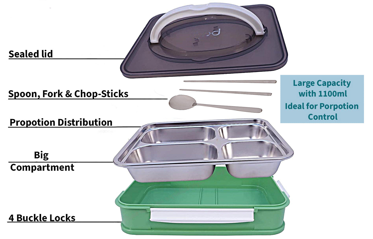 Shopper52 Stainless Steel Lunch Box for Kids and Adults with 4 Compartments - LUNCH-2302-A