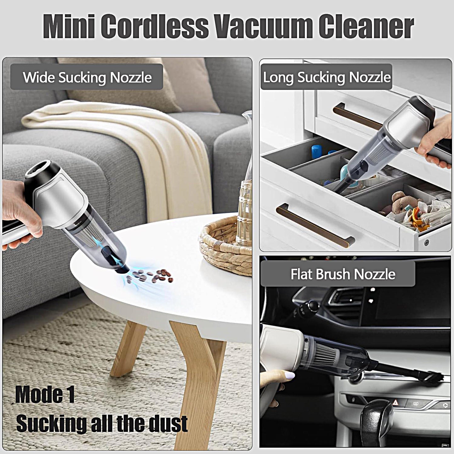 Cordless Mini Vacuum Cleaner and Air Duster with Multi-Nozzles for Car,Home,Office - WIRE-VACUUM