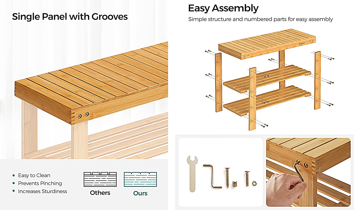 Bamboo 3 Tier Shoe Rack Bench, Premium Shoe Organizer or Entryway Bench, Perfect for Shoe Cubby, Entry Bench, Bathroom Bench, Entryway Organizer, Hallway or Living Room(Brown) - WOD-TAB-SHRK