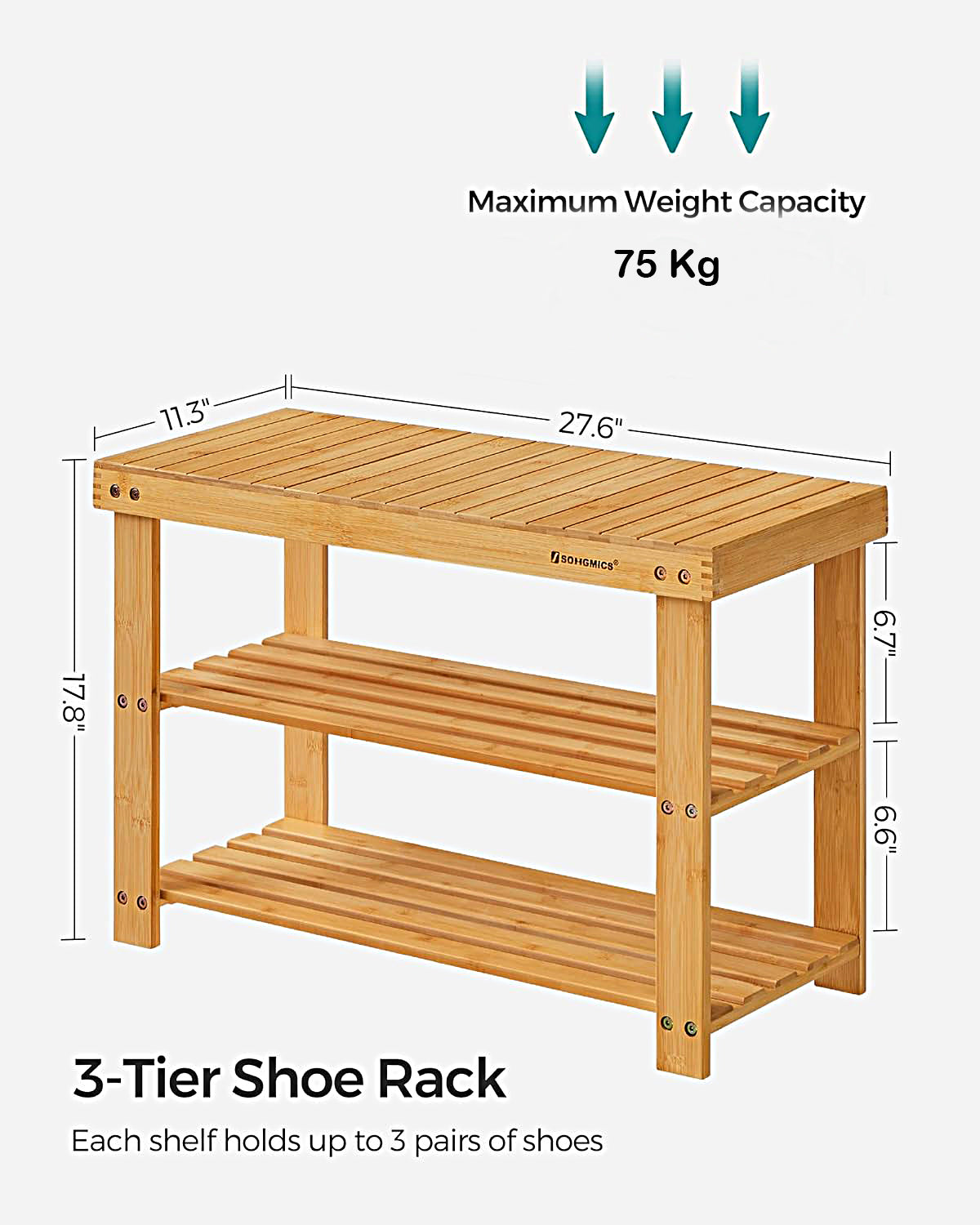 Bamboo 3 Tier Shoe Rack Bench, Premium Shoe Organizer or Entryway Bench, Perfect for Shoe Cubby, Entry Bench, Bathroom Bench, Entryway Organizer, Hallway or Living Room(Brown) - WOD-TAB-SHRK