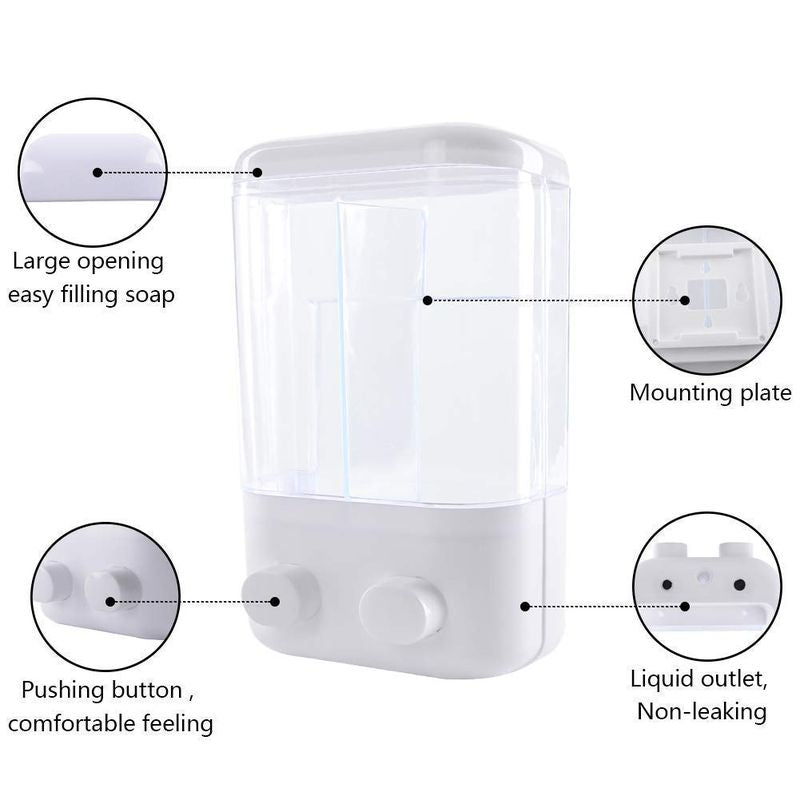 DOUDISP Dual Wall Mounted Soap Dispenser – 2-Chamber Liquid Shampoo & Conditioner Dispenser, Refillable Bathroom Wall Pump, Durable & Leak-Proof Design for Shower, Kitchen & Hotel Use