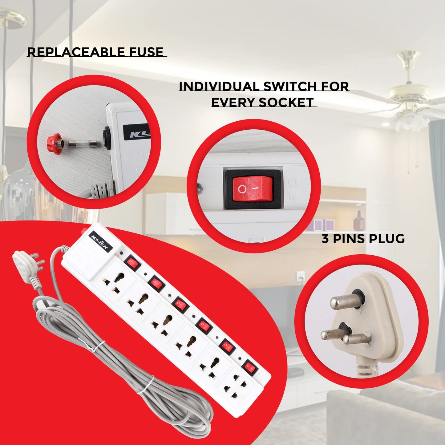 Power Strip (7+1) Extension Cord Board Five 3-Pin and Two 2-Pin Socket Heavy Duty Portable Adaptor Plug (6A, 240V)