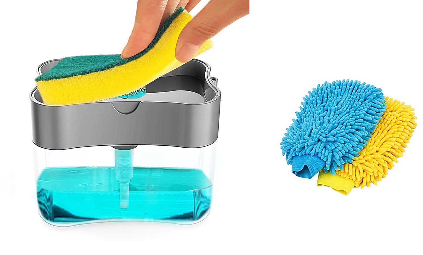 2 in 1 Soap Liquid Dispenser Pump and Sponge With Microfibre Wash Dust Cleaning Gloves - CMSPDFBR