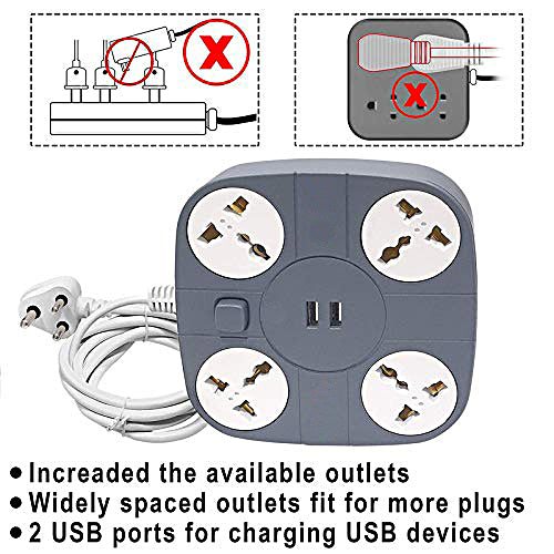 Extension board with 2 USB Port and 4 Socket 16 Amp Multiplug Extension Cord for Home and Office Use - EXTENSION-26