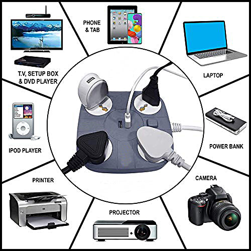 Extension board with 2 USB Port and 4 Socket 16 Amp Multiplug Extension Cord for Home and Office Use - EXTENSION-26