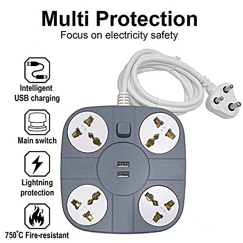 Extension board with 2 USB Port and 4 Socket 16 Amp Multiplug Extension Cord for Home and Office Use - EXTENSION-26