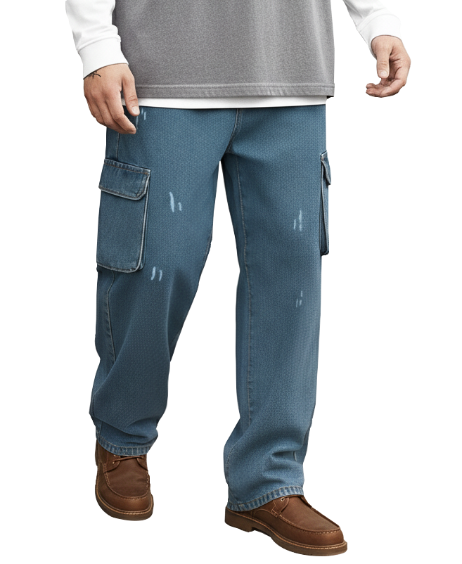 ATHRZ Men's Distressed Cargo Baggy Jeans, Light Blue Denim, Relaxed Fit, Multi-Pocket Design, Casual Streetwear Style - JN-BAG-BU-100