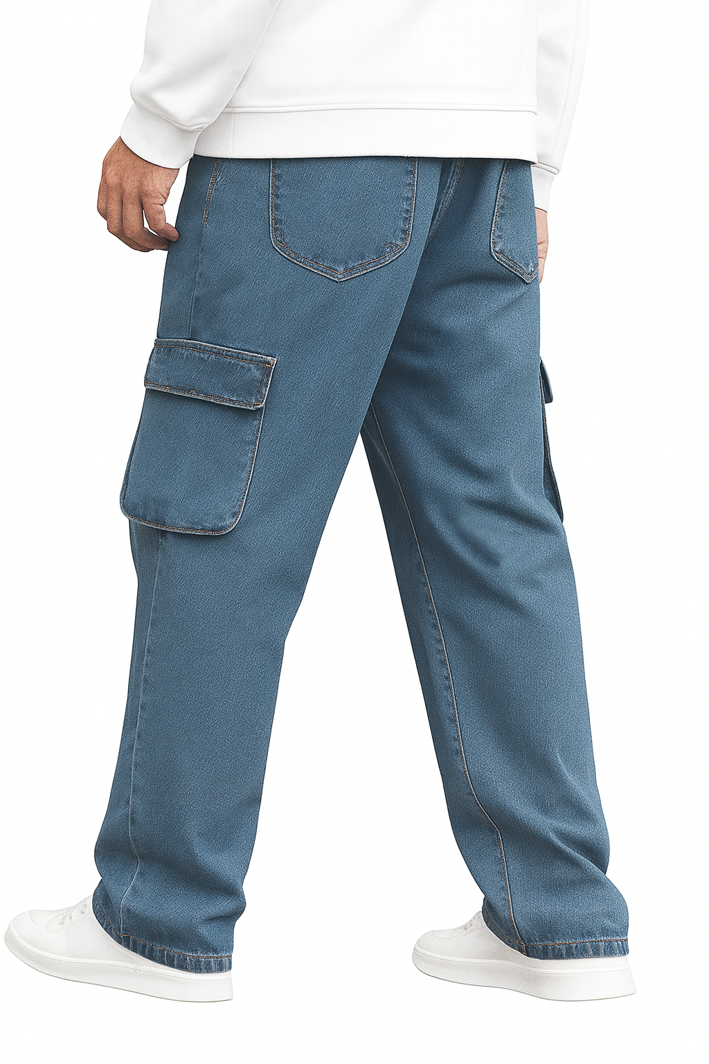ATHRZ Men's Distressed Cargo Baggy Jeans, Light Blue Denim, Relaxed Fit, Multi-Pocket Design, Casual Streetwear Style - JN-BAG-BU-100