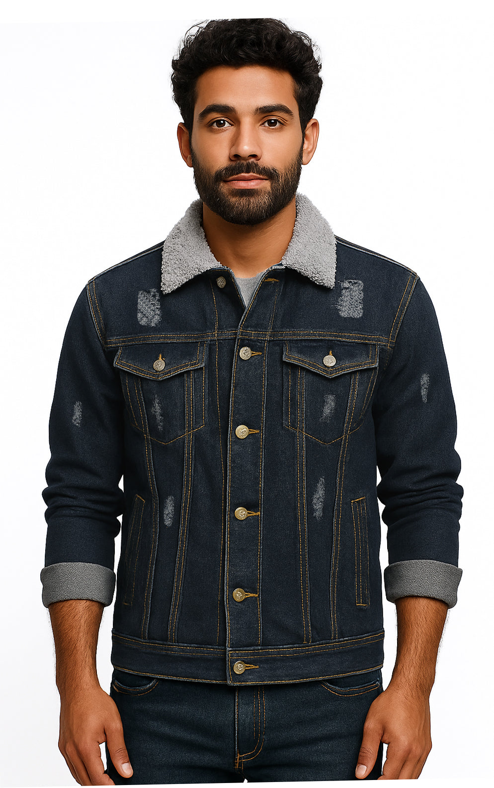 Men Regular Fit Washed Full Sleeve Toned Denim Jacket - JK-470-FUR