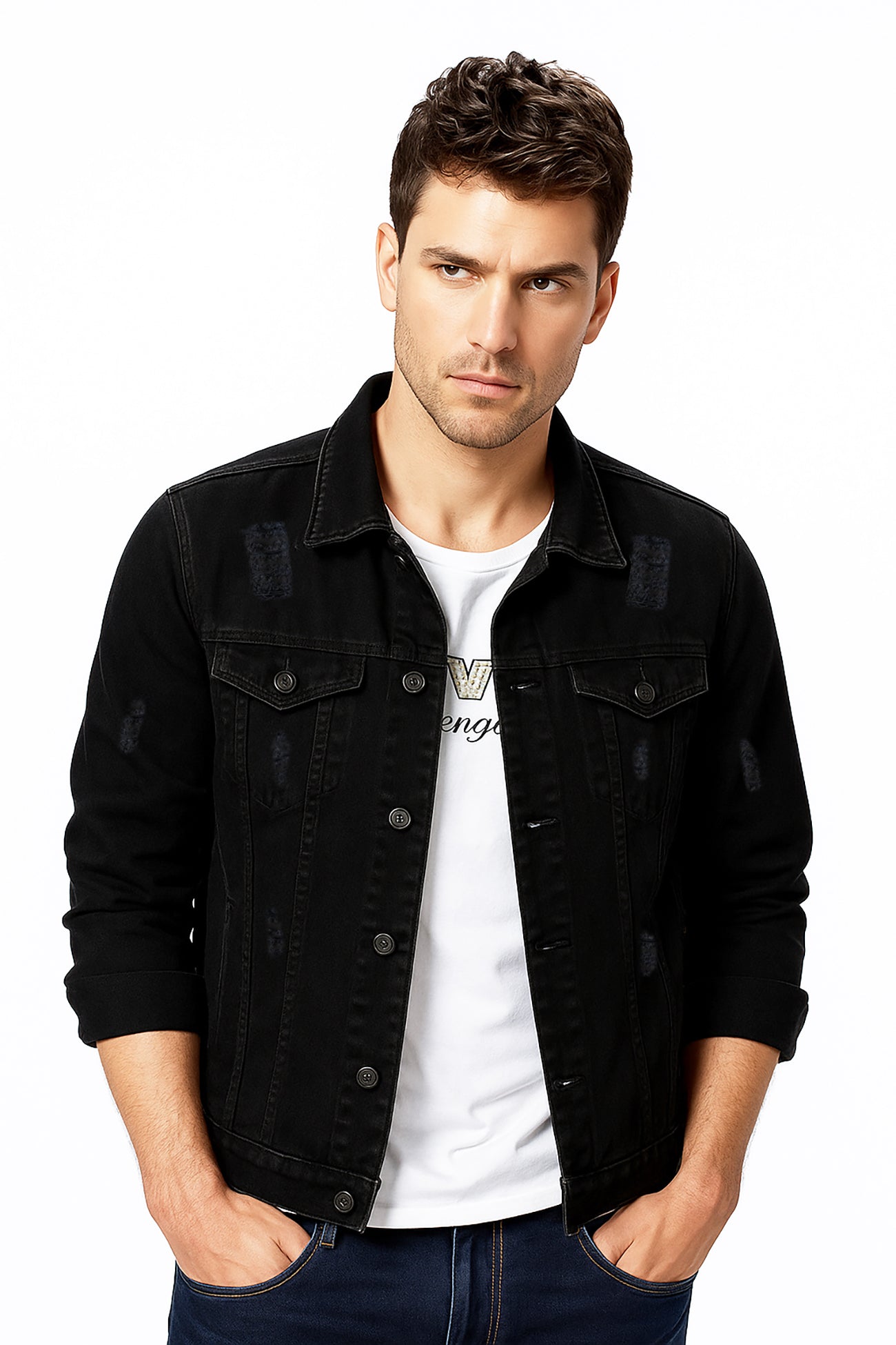 Men Regular Fit Washed Full Sleeve Toned Denim Jacket - JK-471-BK