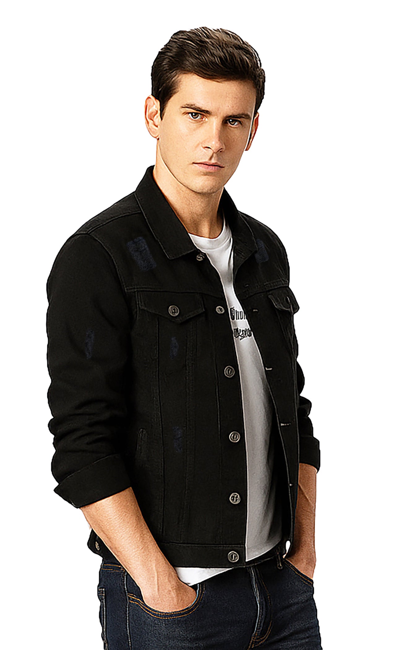 Men Regular Fit Washed Full Sleeve Toned Denim Jacket - JK-471-BK