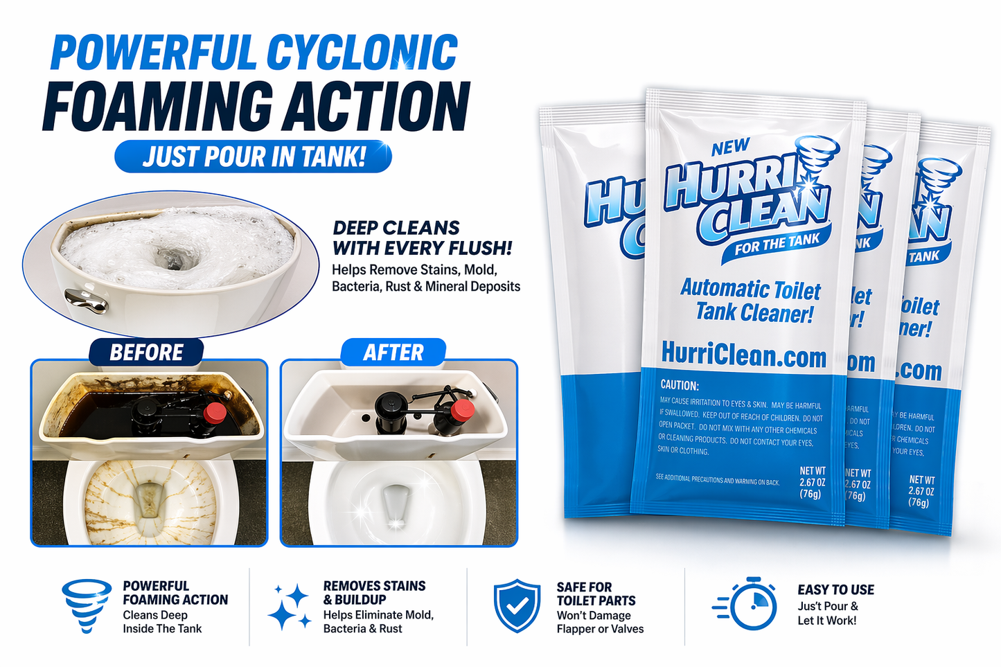 Hurri Clean Automatic Toilet and Tank Cleaner Stain Remover Scrub Cross Fast Powder - HURRICL