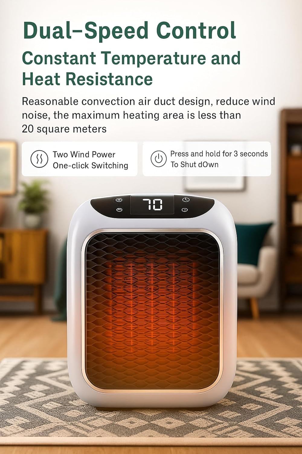 800W Portable Plug-In Space Heater with Digital Thermostat & Timer – Compact Wall Socket Mini Heater, Fast Heating, Energy Efficient, Silent Operation for Bedroom, Office & Bathroom (220V)