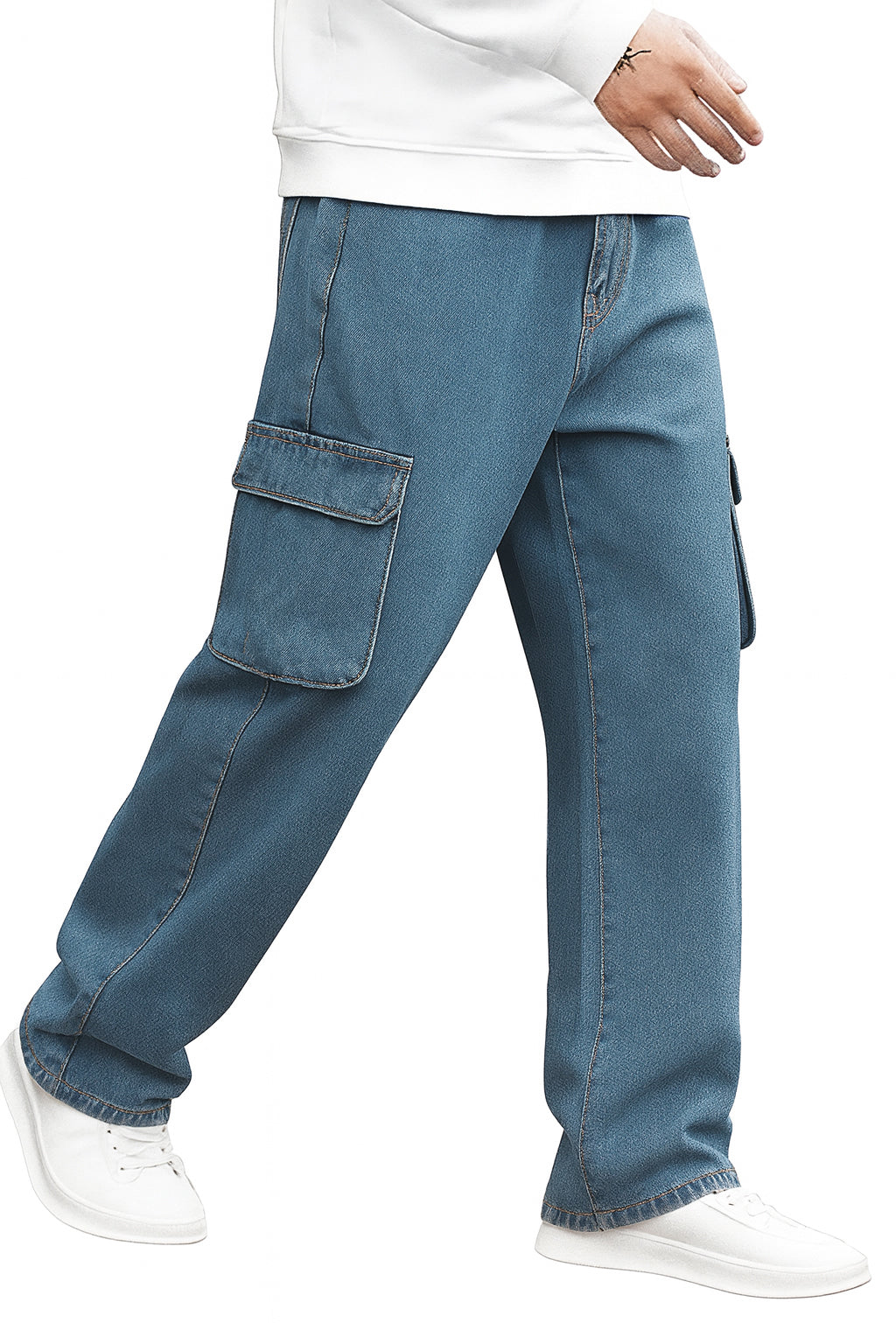 ATHRZ Men's Distressed Cargo Baggy Jeans, Light Blue Denim, Relaxed Fit, Multi-Pocket Design, Casual Streetwear Style - JN-BAG-BU-100