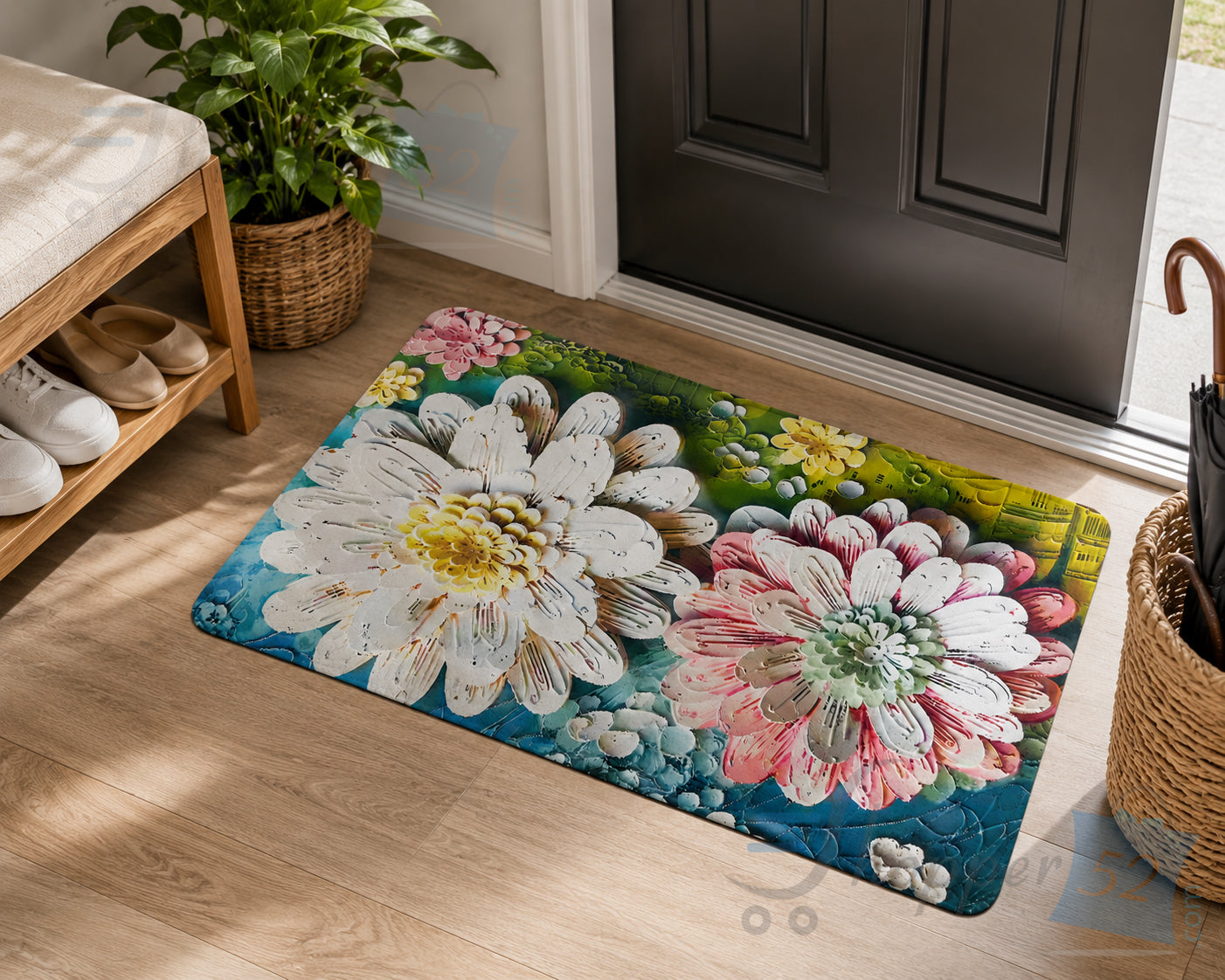 Floral Doormat, Colourful Daisy Print, Decorative Entrance Mat, Botanical Garden Theme