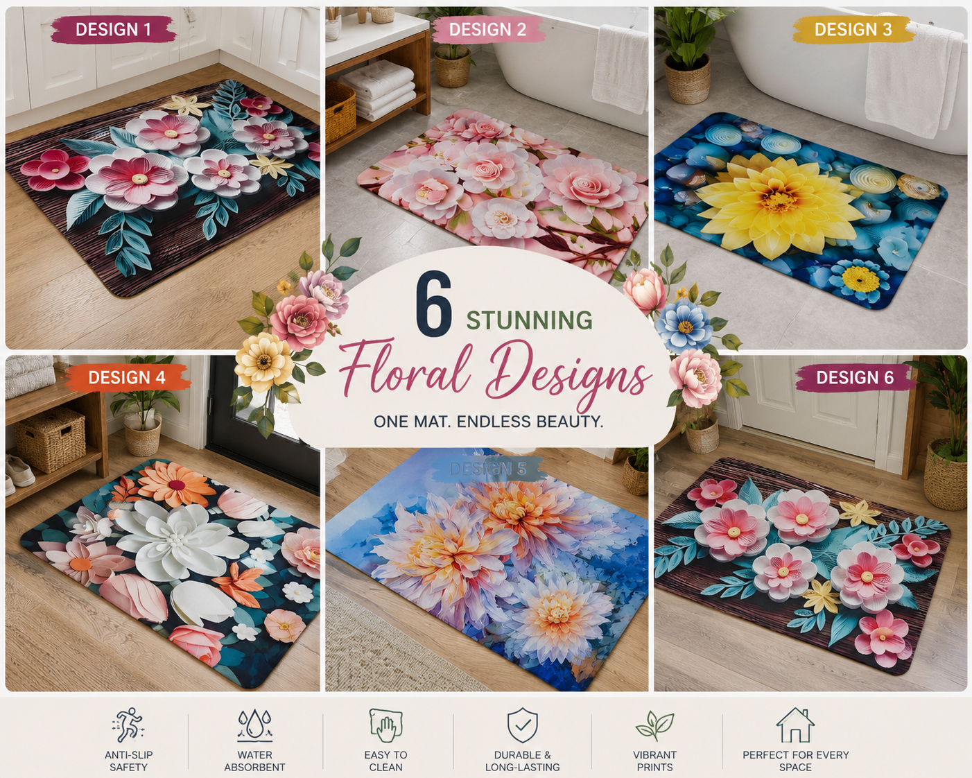 Floral Doormat, Colourful Daisy Print, Decorative Entrance Mat, Botanical Garden Theme