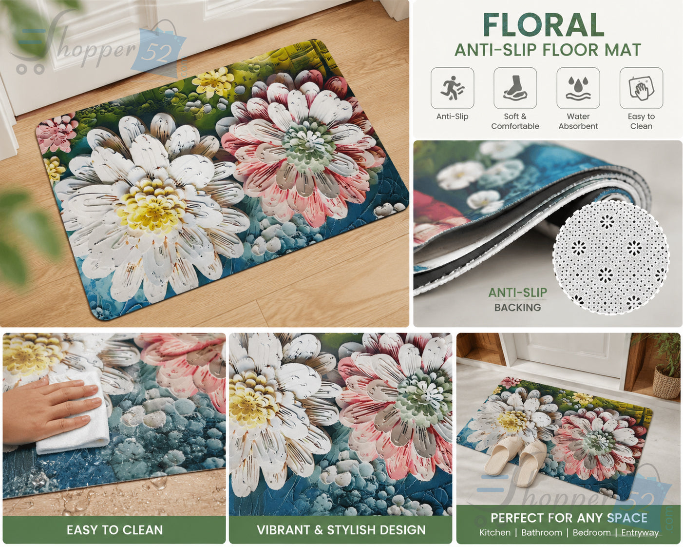 Floral Doormat, Colourful Daisy Print, Decorative Entrance Mat, Botanical Garden Theme