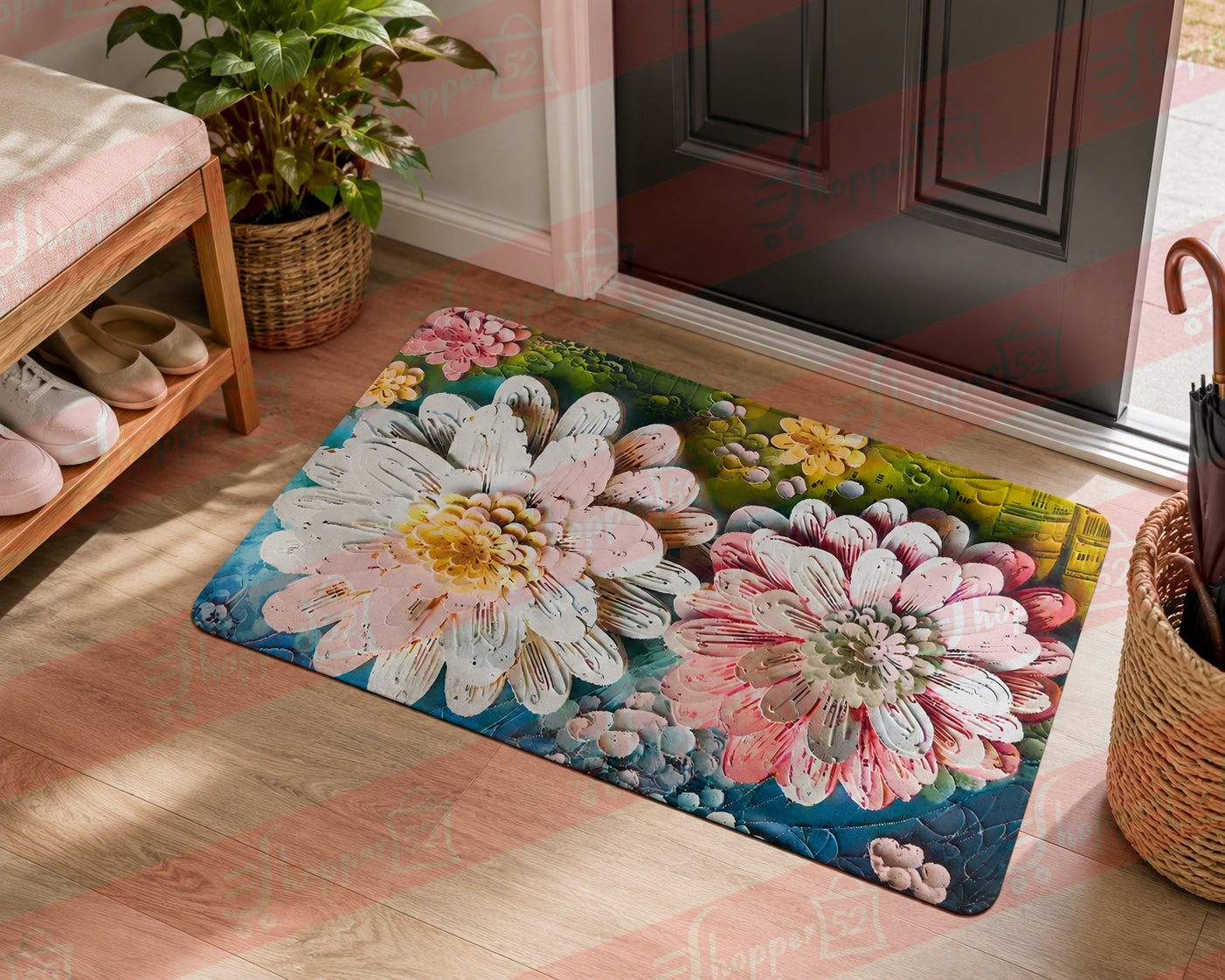 Floral Doormat, Colourful Daisy Print, Decorative Entrance Mat, Botanical Garden Theme
