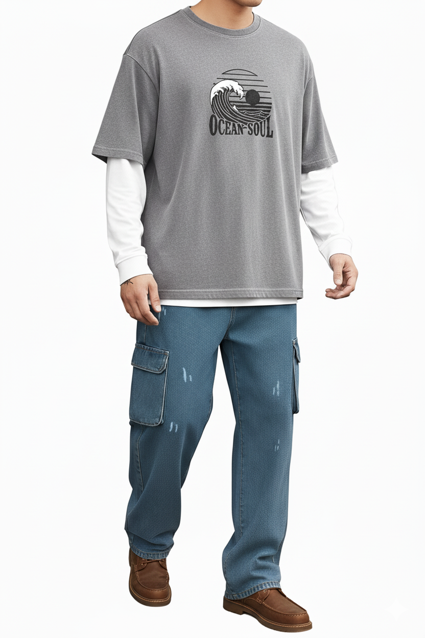 ATHRZ Men's Distressed Cargo Baggy Jeans, Light Blue Denim, Relaxed Fit, Multi-Pocket Design, Casual Streetwear Style - JN-BAG-BU-100