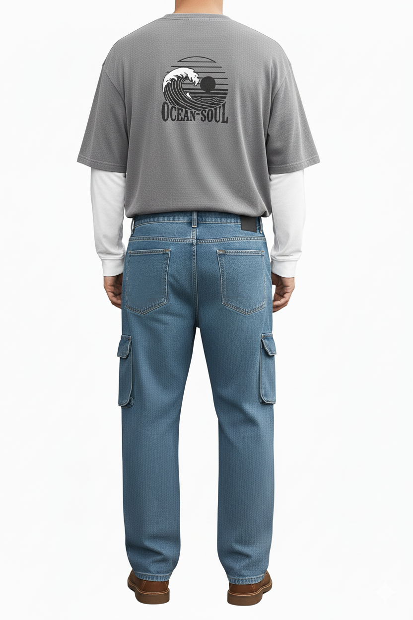 ATHRZ Men's Distressed Cargo Baggy Jeans, Light Blue Denim, Relaxed Fit, Multi-Pocket Design, Casual Streetwear Style - JN-BAG-BU-100