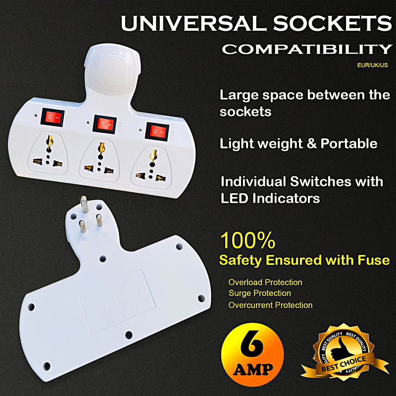 Multi Plug Point 3+3 Universal Socket Adaptor with Led Indicator & Individual Switch, 6 Amp Cordless - 3-3SOCKET