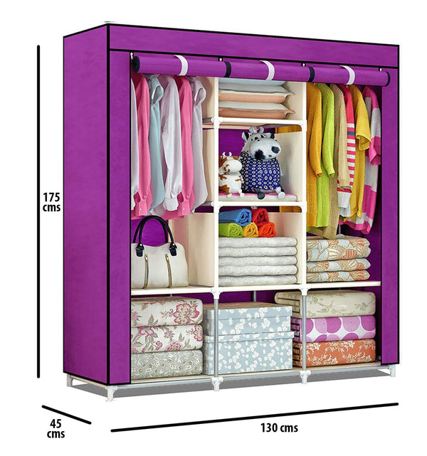Fancy & Portable Fabric Collapsible Foldable Clothes Closet Wardrobe Storage Rack Organizer Cabinet 3 Door Wardrobe (Purple) - 88130A-PR
