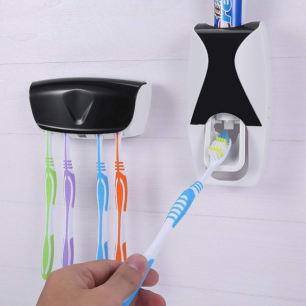 Plastic Automatic Toothpaste Dispenser with Wall Mounted Toothbrush Holder (Multicolour) - ATHHPSD-01
