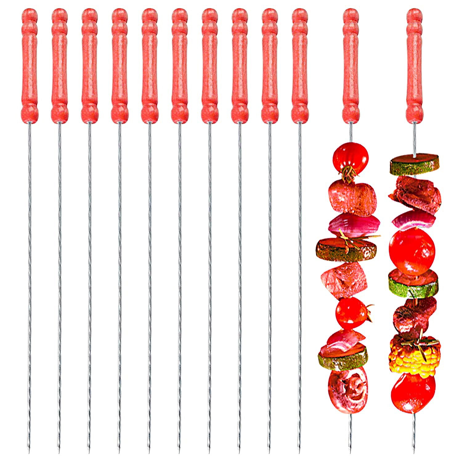 BBQ Skewers Tandoor for Barbecue, Grill | Stainless Steel Stick with Wooden Handle Pack of 12 - BBQSKW