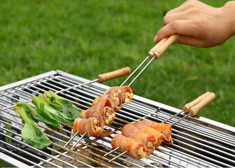 BBQ Skewers Tandoor for Barbecue, Grill | Stainless Steel Stick with Wooden Handle Pack of 12 - BBQSKW
