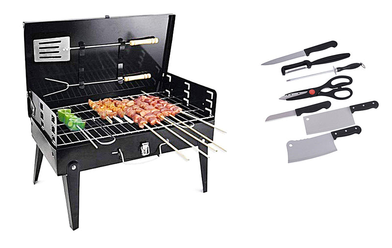 Charcoal Barbeque Grill with Kitchen Knife Set