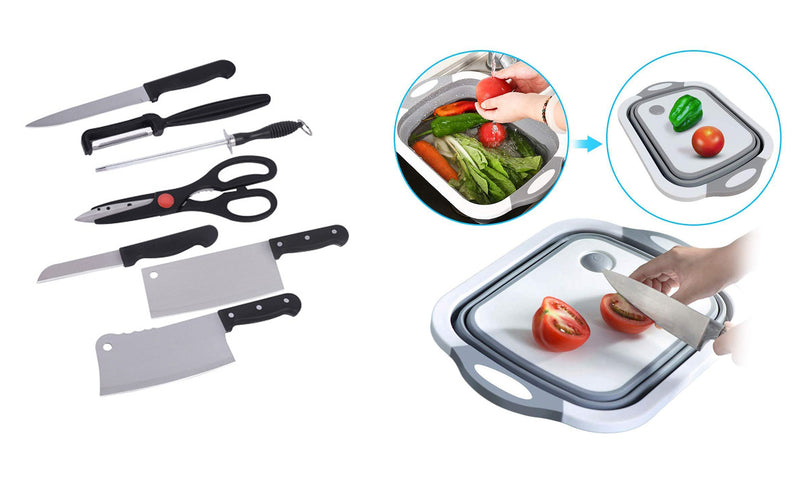 Stainless Steel Kitchen Knife Knives Set with Vegetable Cutting Chopping Board (Knife Set with Chopping Board) - CMHKN3in1