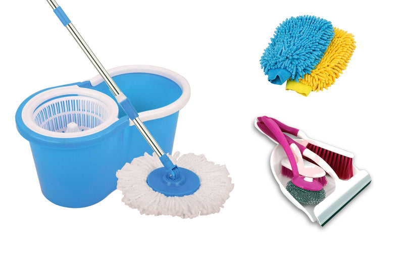 Spin Bucket Floor Cleaning Mop with Broom Set and Cleaning Gloves - CMOPBRGLO