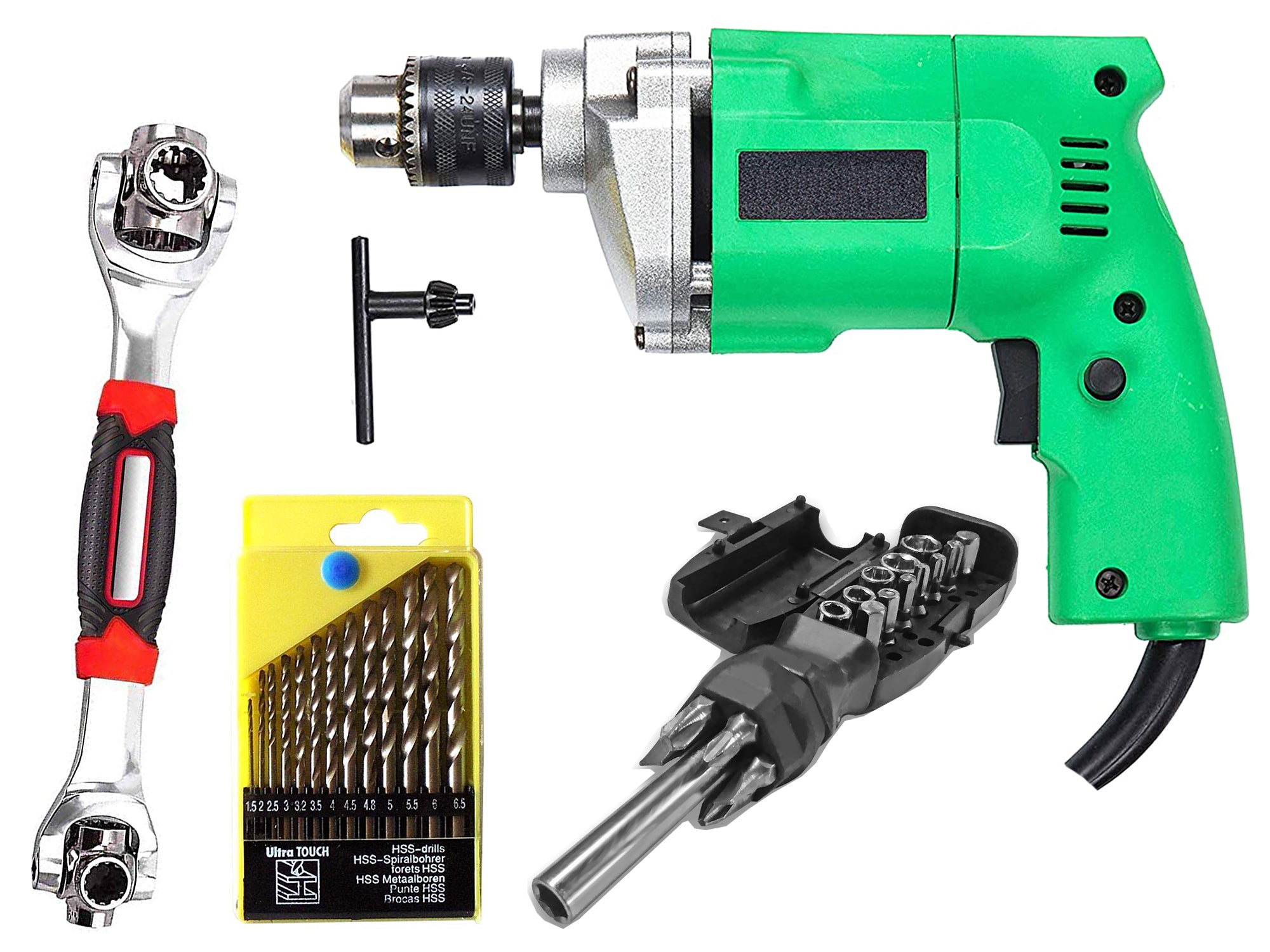 10mm Powerful Electric Drill Machine with 13Pcs Drill Bit Set, 18PC Screwdriver Set and 48in1 Wrench Spanner Set