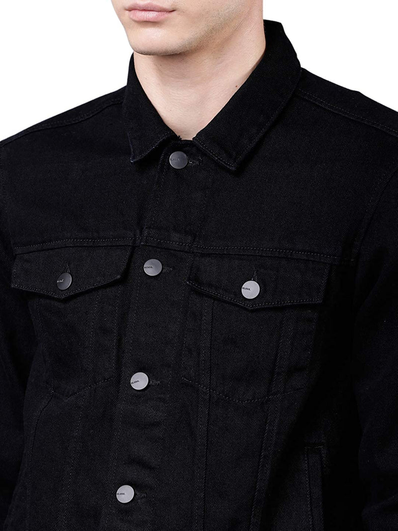 Men Regular Fit Washed Full Sleeve Cotton Jacket - Black
