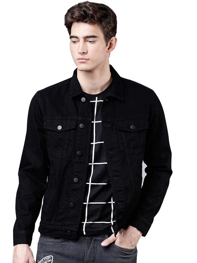 Men Regular Fit Washed Full Sleeve Cotton Jacket - Black