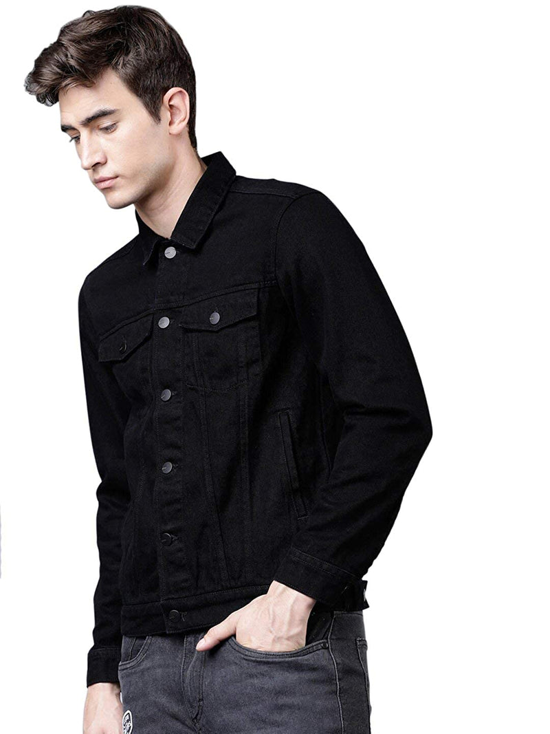 Men Regular Fit Washed Full Sleeve Cotton Jacket - Black