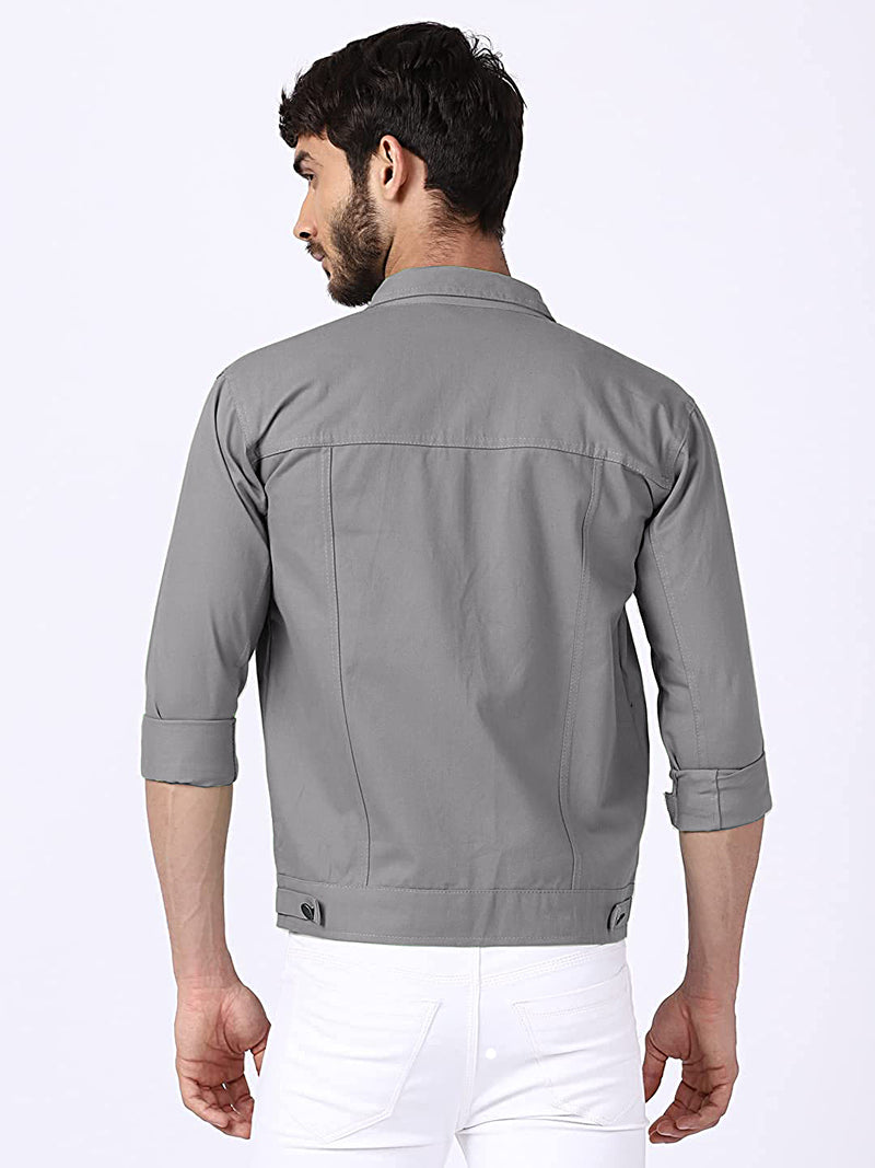 Men Regular Fit Washed Full Sleeve Cotton Jacket - Grey
