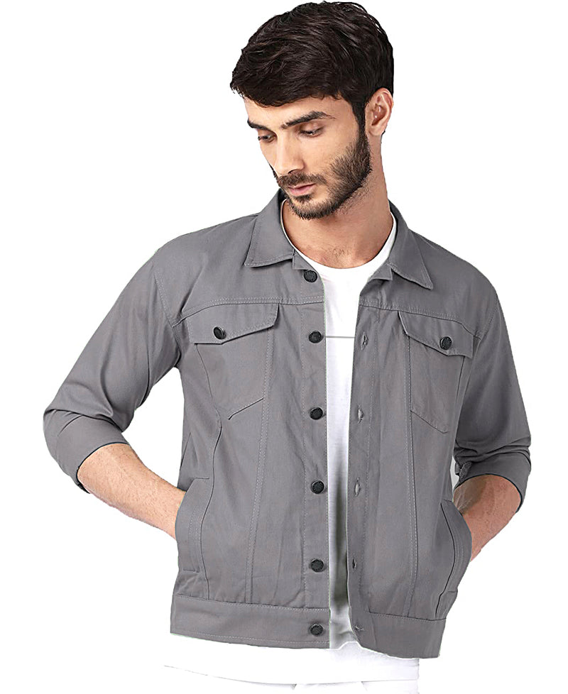 Men Regular Fit Washed Full Sleeve Cotton Jacket - Grey