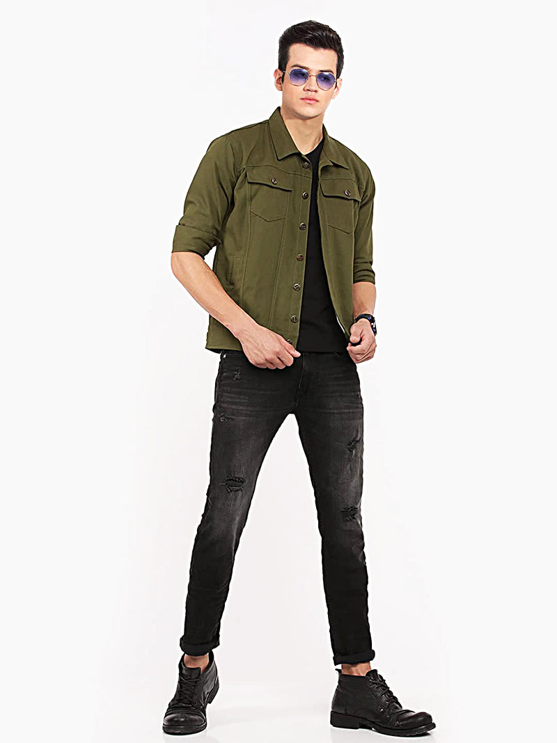 Men Regular Fit Washed Full Sleeve Cotton Jacket - Green