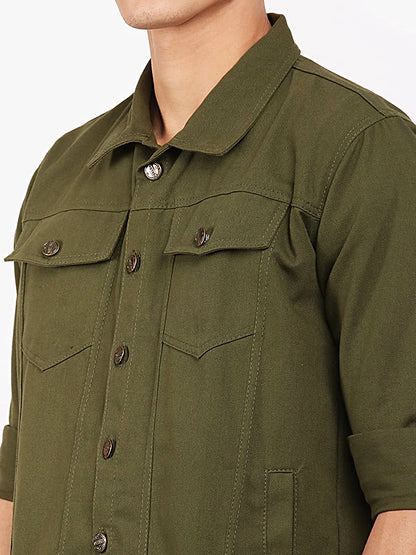 Men Regular Fit Washed Full Sleeve Cotton Jacket - Green