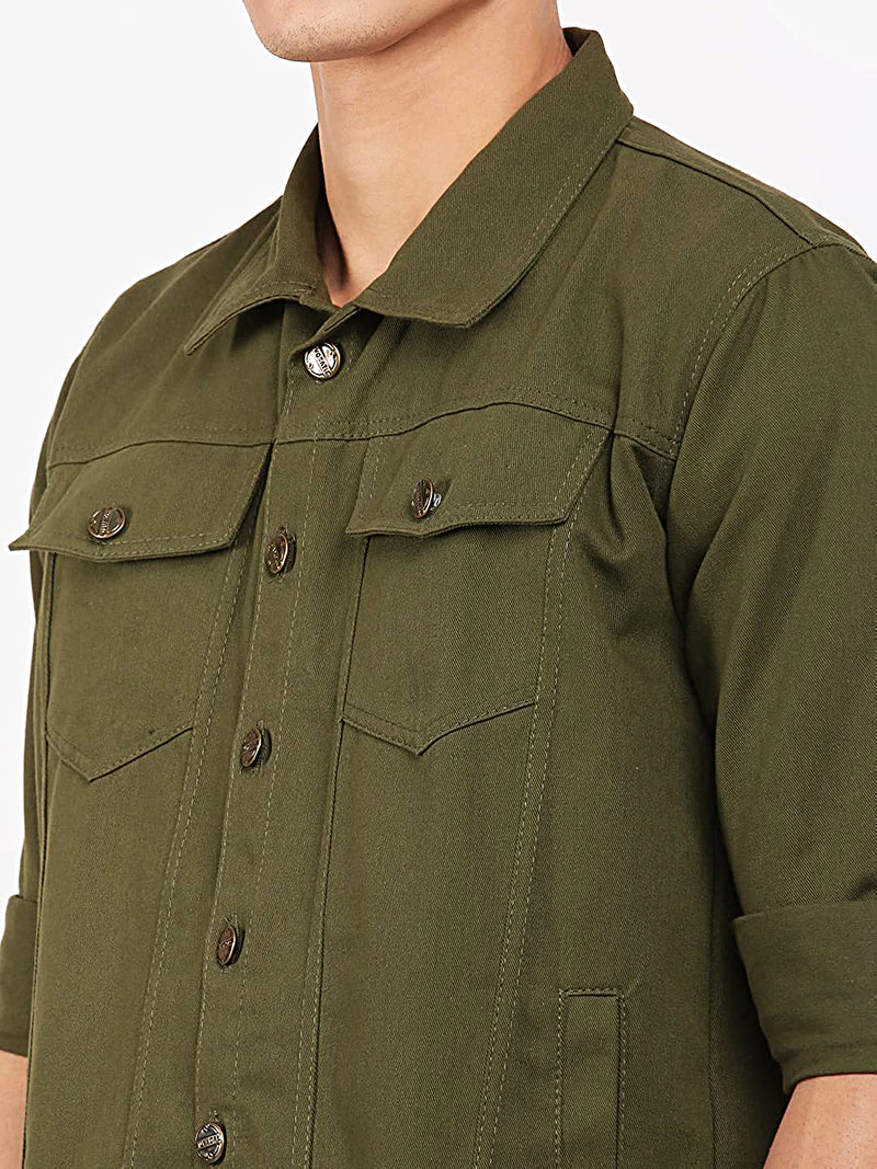 Men Regular Fit Washed Full Sleeve Cotton Jacket - Green