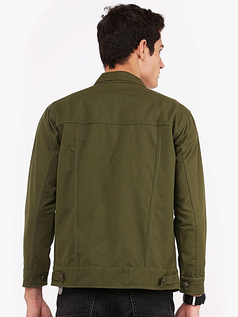 Men Regular Fit Washed Full Sleeve Cotton Jacket - Green